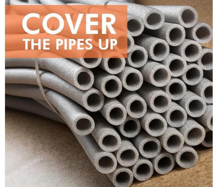 Insulation covers with the words COVER UP THE PIPES